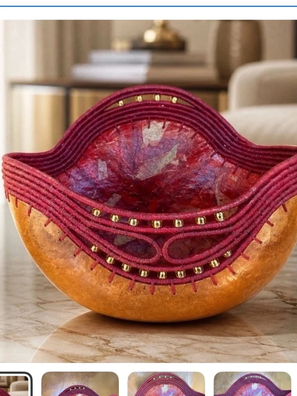 Judy Zeigler Handmade Gourd Artisan Basket Red Brown Hand Painted Beads